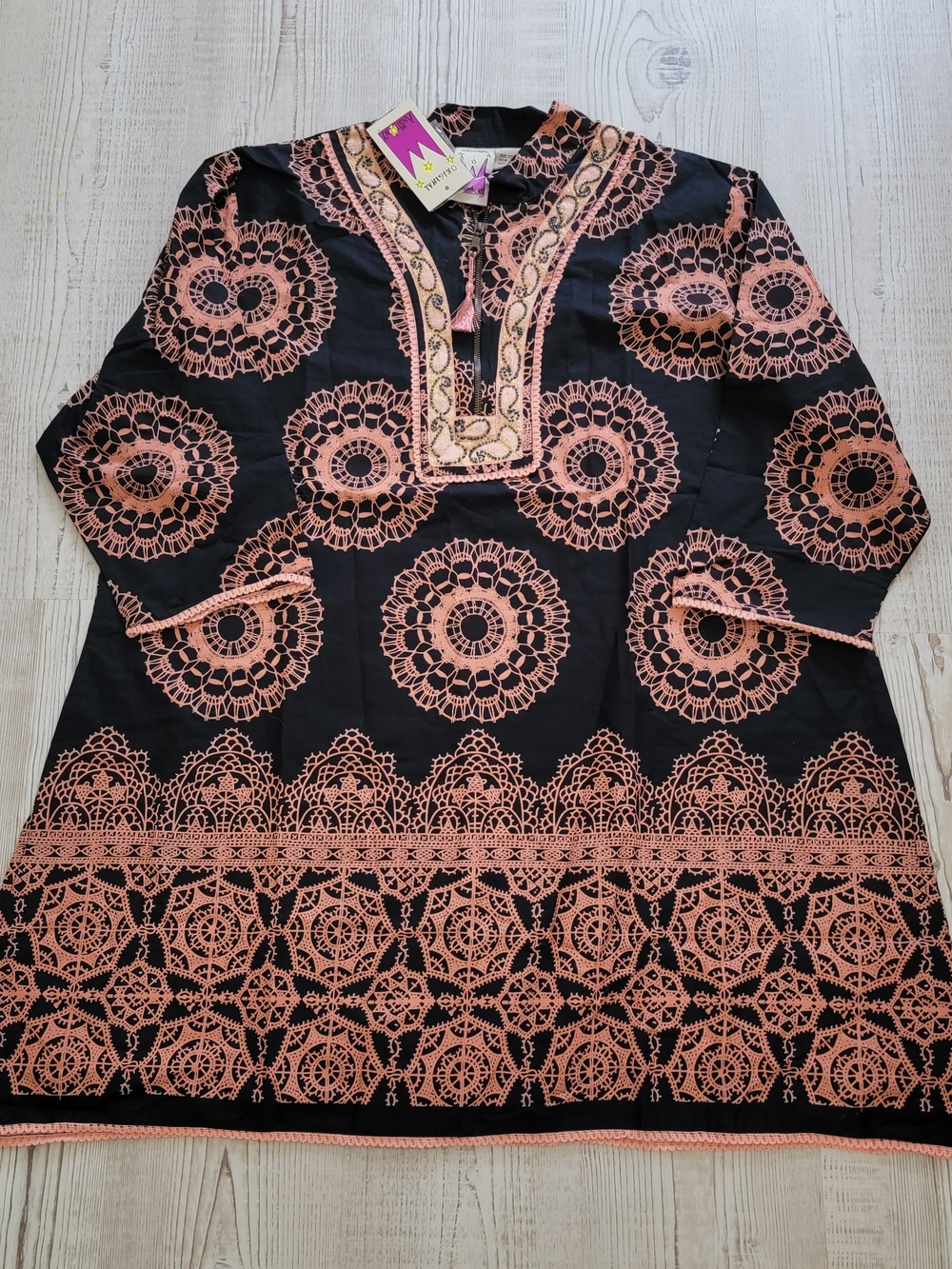 NWT Antthony Black Cotton Tunic with Peach Medallions 2X Boho Desi Bollywood